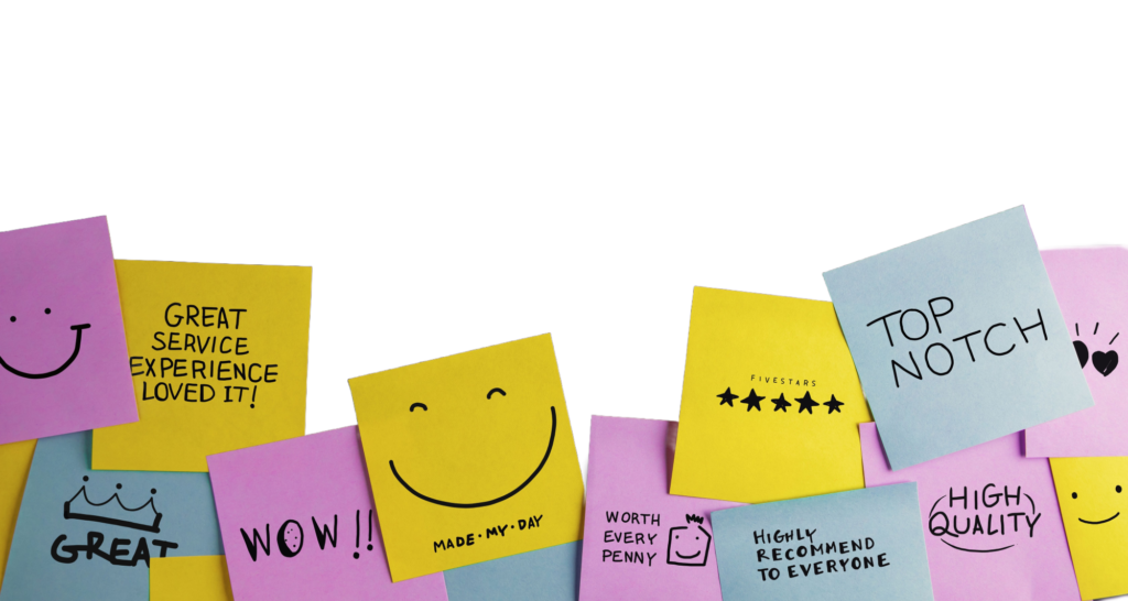 Overlapping Post-it notes with positive messages about good work