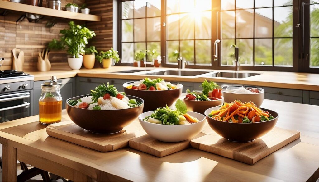 Vegan dishes on kitchen table. Is veganism worthwhile.